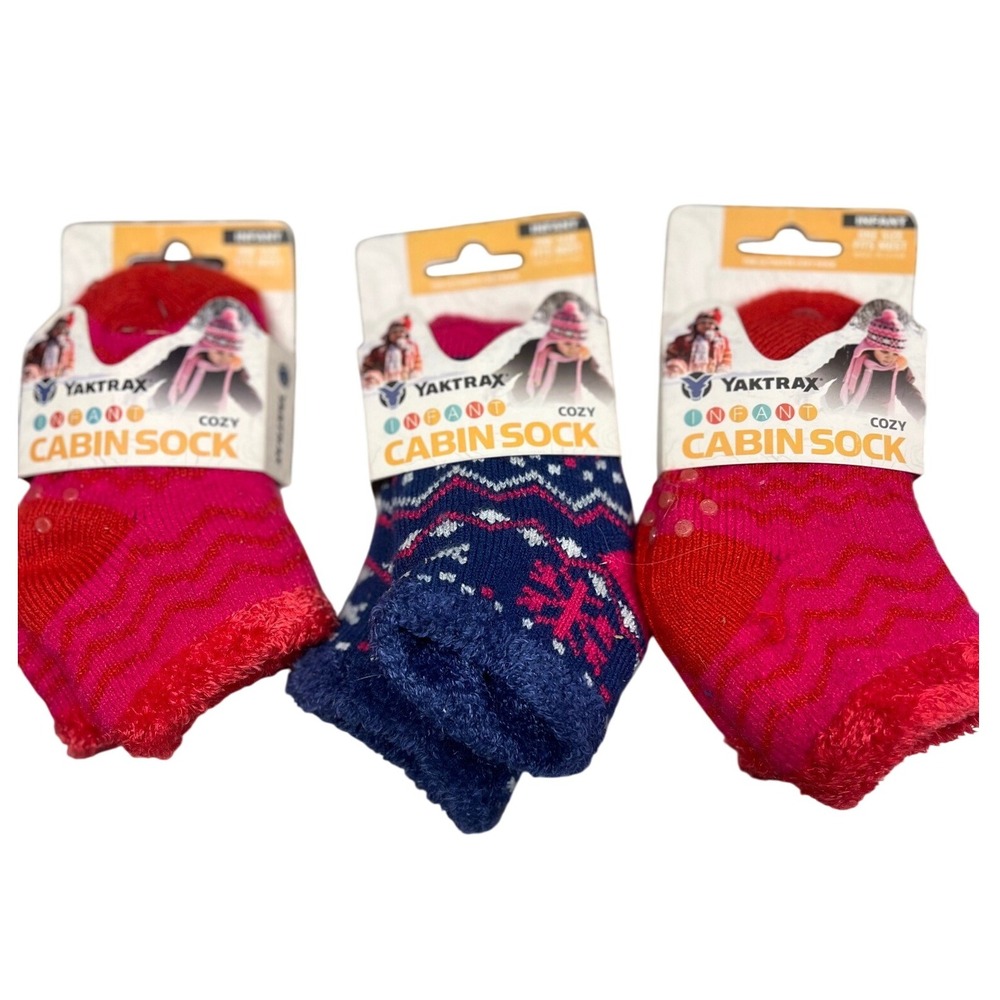 Yaktrax‎ Infant Cozy Cabin Socks One Size Red Blue Pink Fair Isle Set of 3